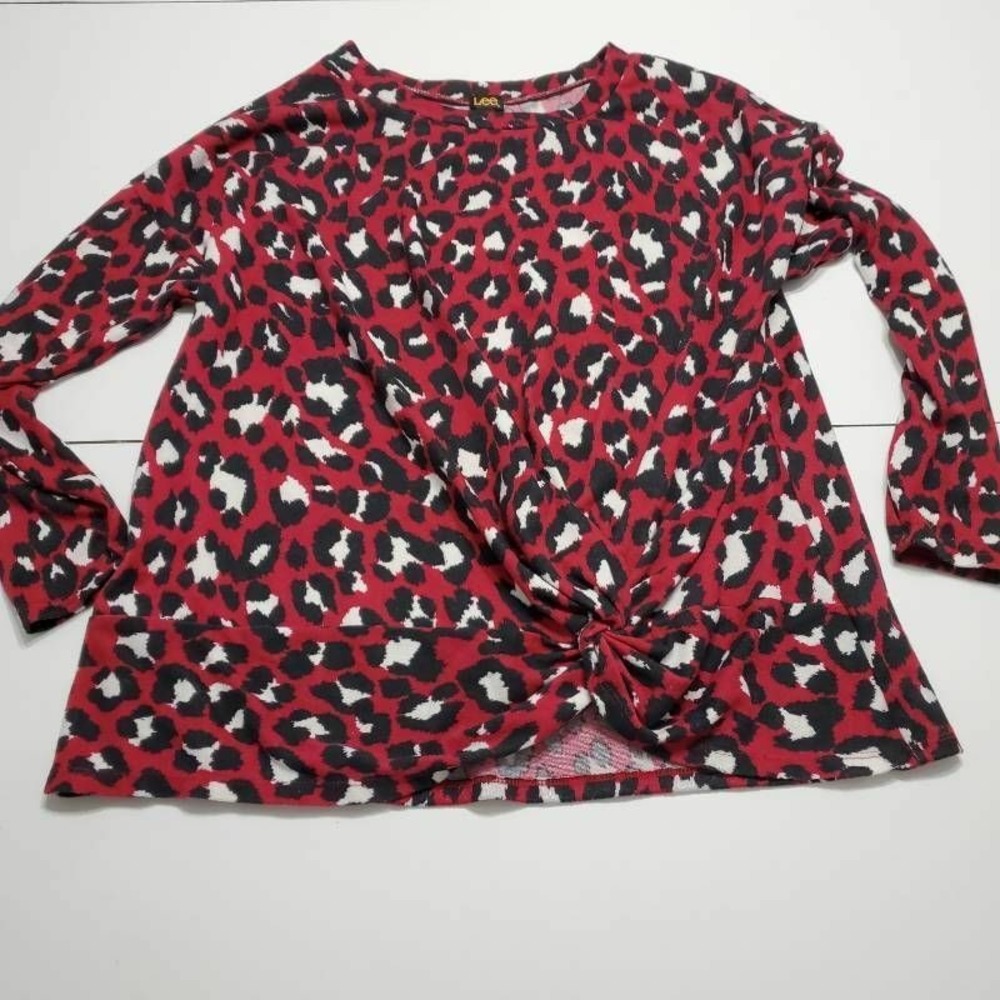 Lee Womens Blouse Maroon Leopard Print Long Sleeve Stretch Front Twist Knot XL